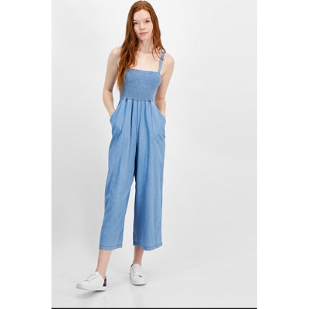 Tommy Hilfiger Smocked Peplum Chambray Sleeveless Wide Leg Jumpsuit Size S